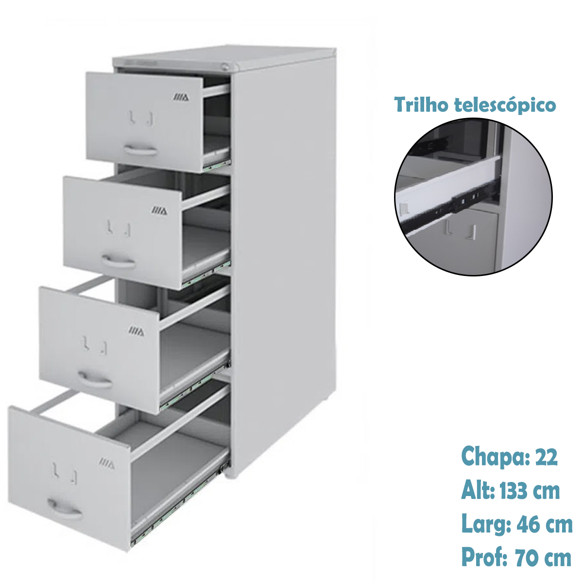 Arquivo de Aço Cinza 04 Gavetas 70cm com Trilho Telescópio - chapa 22 - 1,33x0,47×0,70 - 3302 - Imagem 2
