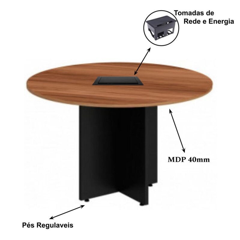 Mesa de Reunião Redonda c/ Caixa de Tomadas -1,10×1,10×0,74m – NOGAL SEVILHA / PRETO – 21418 MÓVEIS PRECITO Mesa de Reunião 3