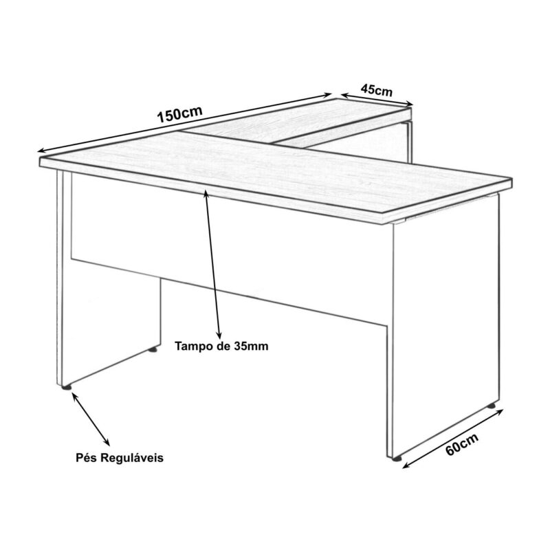 Mesa em “L” (Mesa 1,50m + Mesa Auxiliar) – S/ GAVETAS MARSALA / PRETO – 23476 MÓVEIS PRECITO Linha 30 mm 5