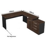 Mesa Escritório em “L” – 1,50×1,50m (Extensível) – com Armário Misto (03 Gav.) MARSALA/PRETO – 23482 MÓVEIS PRECITO Linha 30 mm 9