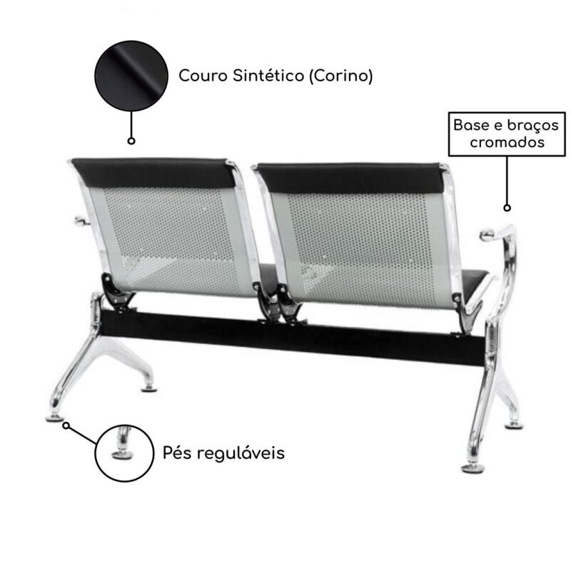 Longarina AEROPORTO ESTOFADA com 02 Lugares – Cor Cromada 33110 MÓVEIS PRECITO Longarinas 3