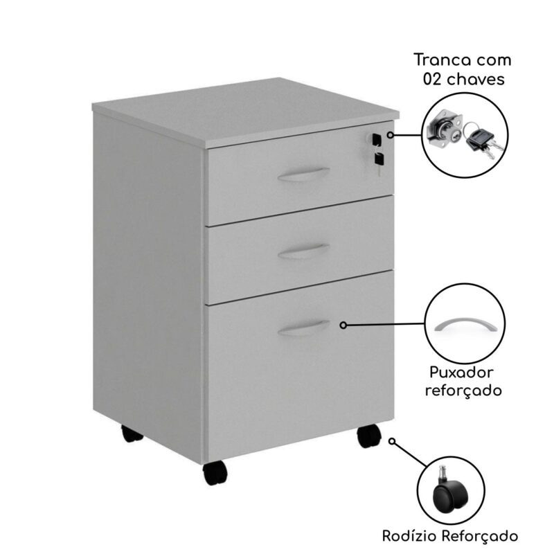 Gaveteiro Volante 03 Gav. 0,67×0,46×0,40m – Cor Cinza 21210 MÓVEIS PRECITO JOB 15 mm 4