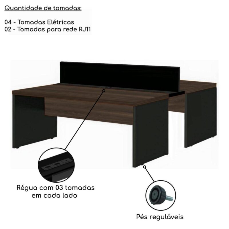 Estação de Trabalho Dupla 1,20×1,35m 02 Lugares c/ Gavetas c/ ponto de tomada MARSALA/PRETO – 63090 MÓVEIS PRECITO Linha 30 mm 3