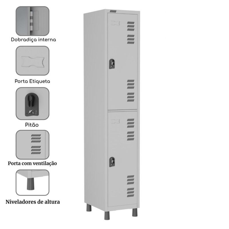 Roupeiro LOCKER de Aço com 02 PORTAS GRANDES – 1,90×0,32×0,40m – CZ/CZ – W3 – 11012 MÓVEIS PRECITO Roupeiro de Aço 4