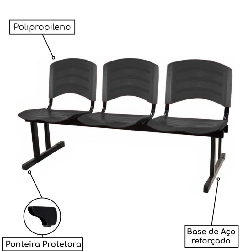 Kit 10 Cadeiras Longarinas PLÁSTICA 03 Lugares – Cor PRETO 33039 MÓVEIS PRECITO Longarinas 4