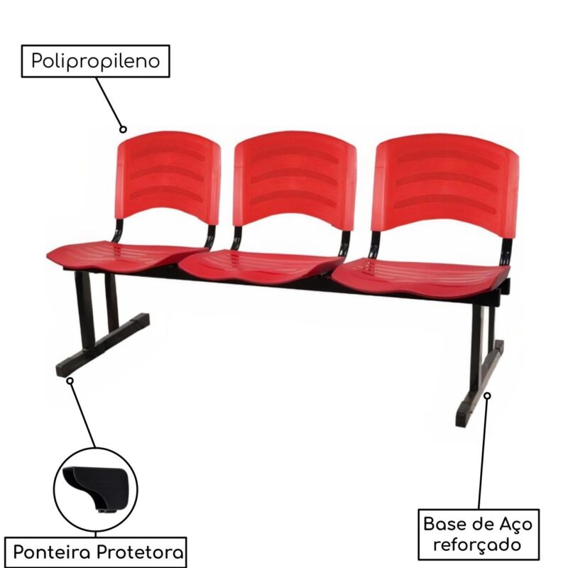 Kit 10 Cadeiras Longarinas PLÁSTICAS 03 Lugares – Cor Vermelho 33048 MÓVEIS PRECITO Longarinas 4