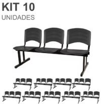 Kit 10 Cadeiras Longarinas PLÁSTICA 03 Lugares – Cor PRETO 33039 MÓVEIS PRECITO Longarinas