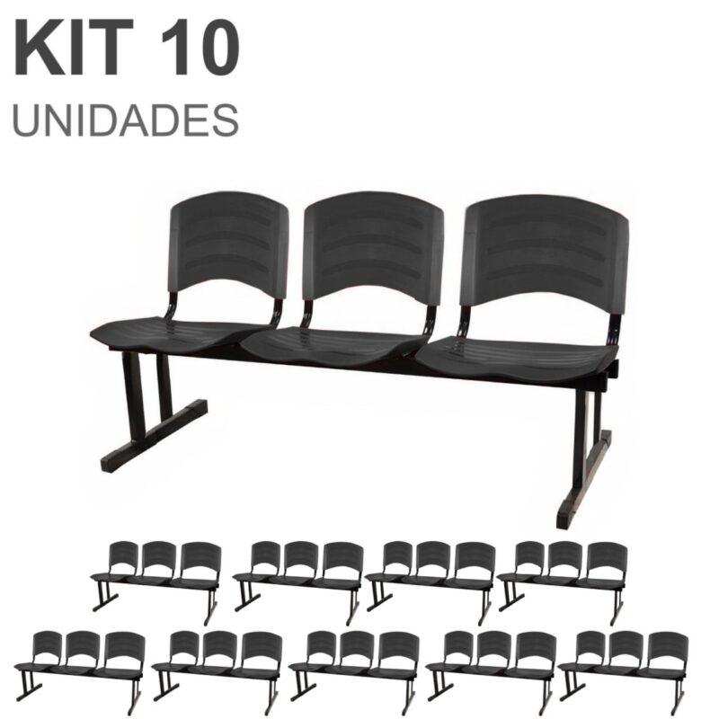 Kit 10 Cadeiras Longarinas PLÁSTICA 03 Lugares – Cor PRETO 33039 MÓVEIS PRECITO Longarinas 2