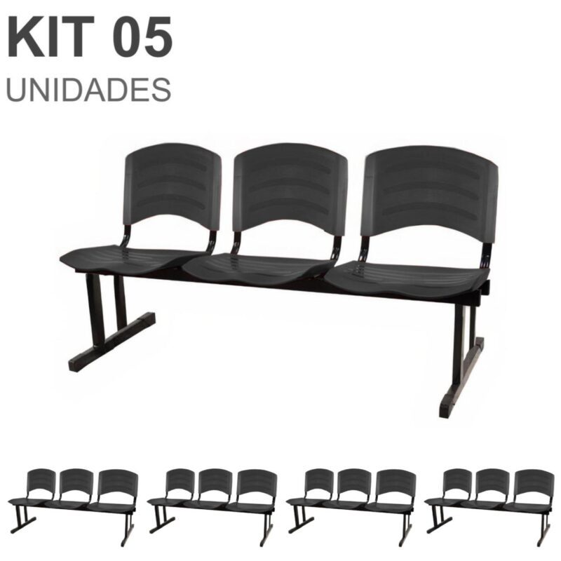 Kit 05 Cadeiras Longarinas PLÁSTICA 03 Lugares – Cor PRETO 33034 MÓVEIS PRECITO Longarinas 2