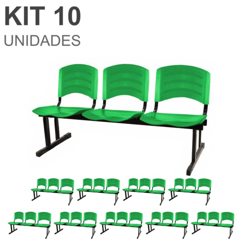 Kit 10 Cadeiras Longarinas PLÁSTICAS 03 Lugares – Cor Verde 33066 MÓVEIS PRECITO Longarinas 2