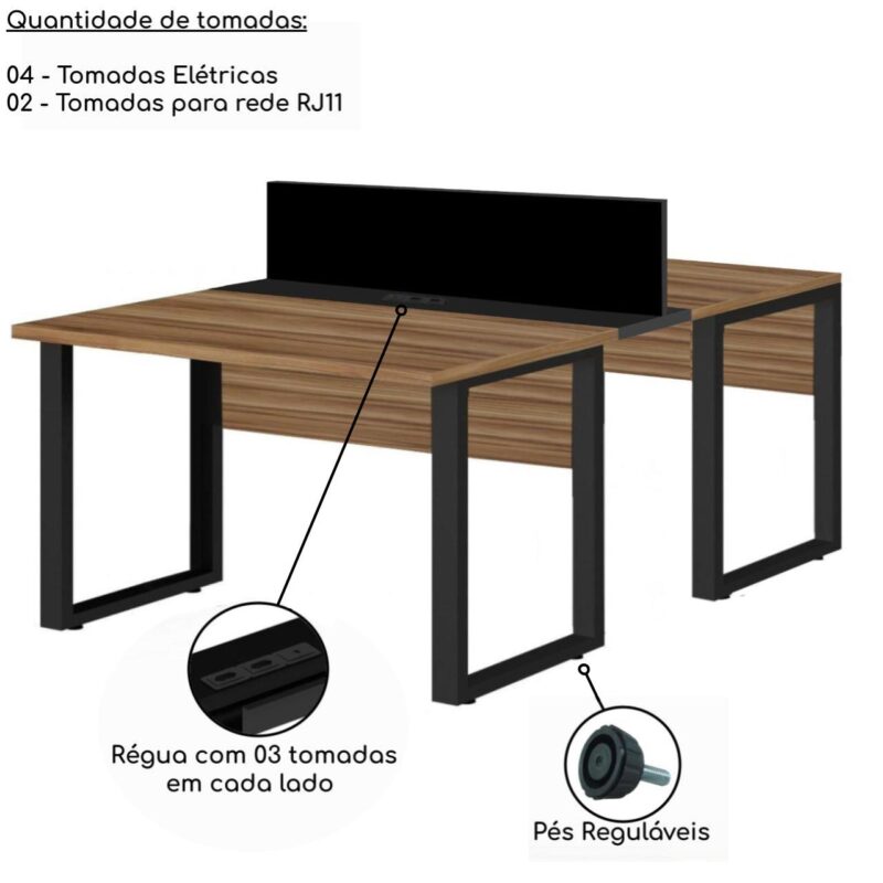 Estação de Trabalho Dupla 1,20×1,35m 02 Lugares c/ Gavetas c/ ponto de tomada PÉ QUADRO – Cor Nogal Sevilha – 63097 MÓVEIS PRECITO Linha 40 mm 4