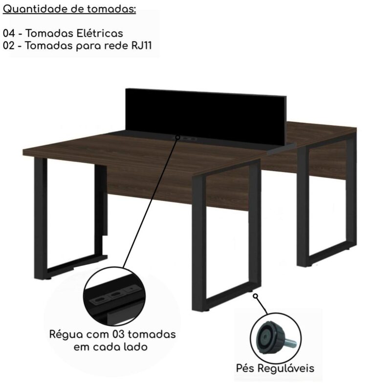 Estação de Trabalho Dupla 1,20×1,35m 02 Lugares c/ Gavetas c/ ponto de tomada PÉ QUADRO MARSALA/PRETO – 64001 MÓVEIS PRECITO Linha 30 mm 5