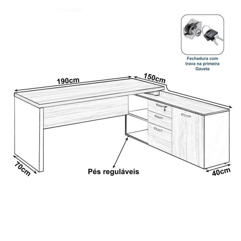 Mesa Diretorzinha c/ vidro c/ Aparador – Pé de MADEIRA – 1,90×1,50m – WORKSTART – NOGAL SEVILHA / PRETO – 21428 MÓVEIS PRECITO Linha 40 mm 3