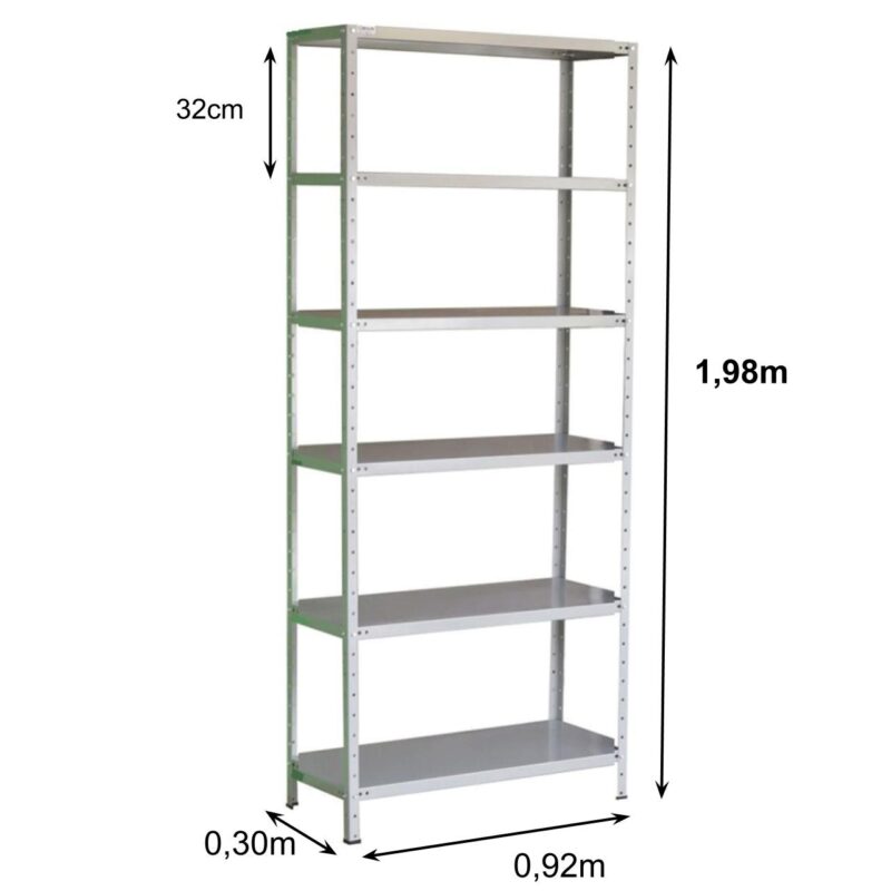 Estante de Aço com 06 Bandejas 30cm (#26/20) – 1,98×0,92×0,30m – SA – 11030 MÓVEIS PRECITO Estante de Aço 3