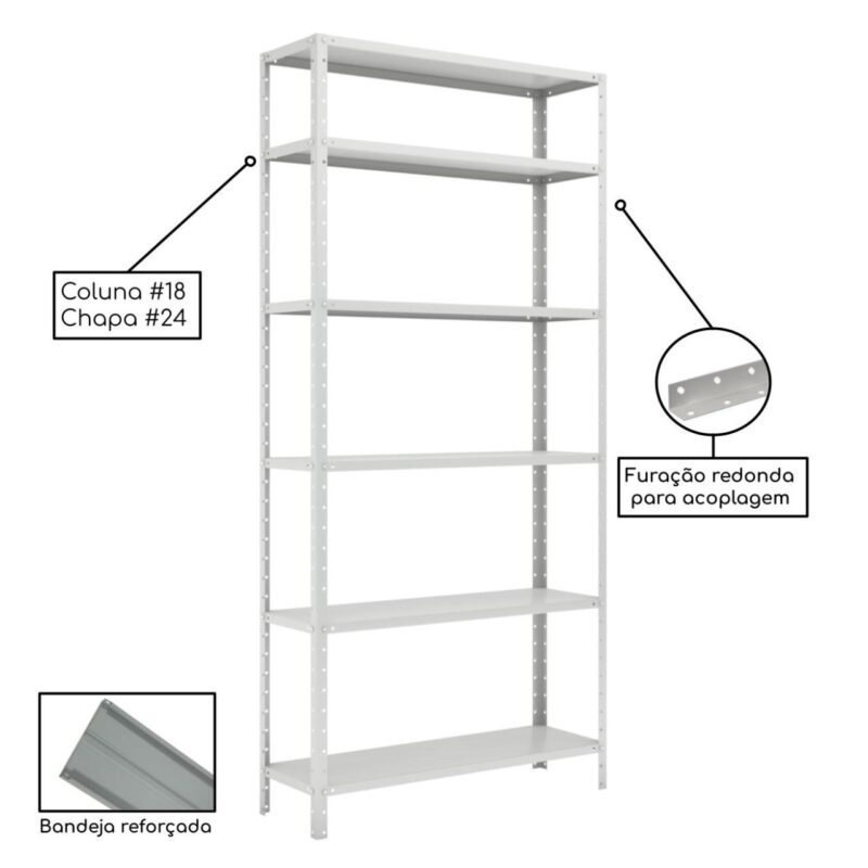 Estante de Aço com 06 Bandejas 30 cm (24/18) – 1,98×0,92×0,30m – Cinza – SA – 16014 MÓVEIS PRECITO Estante de Aço 6