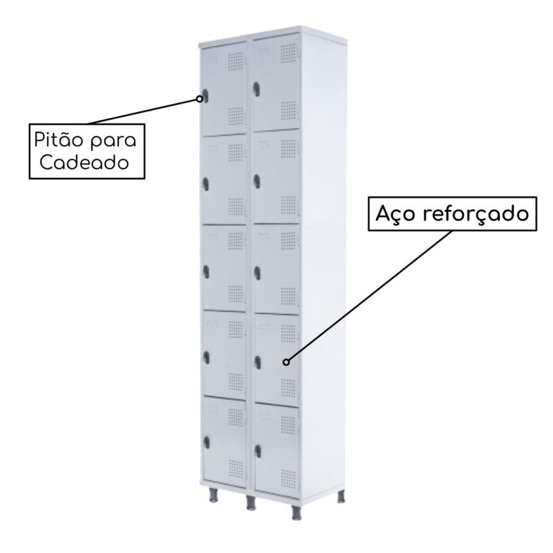 Armário Roupeiro de Aço c/ 10 Portas PEQUENAS – 1,95×0,62×0,40m – SA – CZ/CZ – 14010 MÓVEIS PRECITO Roupeiro de Aço 4