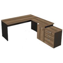 Mesa Escritório em “L” – 1,50×1,50m (Extensível) – com Armário Misto (03 Gav.) NOGAL/SEVILHA – 20603 MÓVEIS PRECITO Linha 40 mm