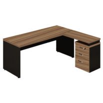 Mesa Escritório em “L” c/ Gaveteiro 1,50×1,50m NOGAL SEVILHA/PRETO – 21416 MÓVEIS PRECITO Linha 40 mm