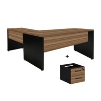 Mesa de Escritório em L com Gavetas – Mesa 1,50m + Mesa Auxiliar NOGAL SEVILHA/PRETO – 21477 MÓVEIS PRECITO Linha 40 mm