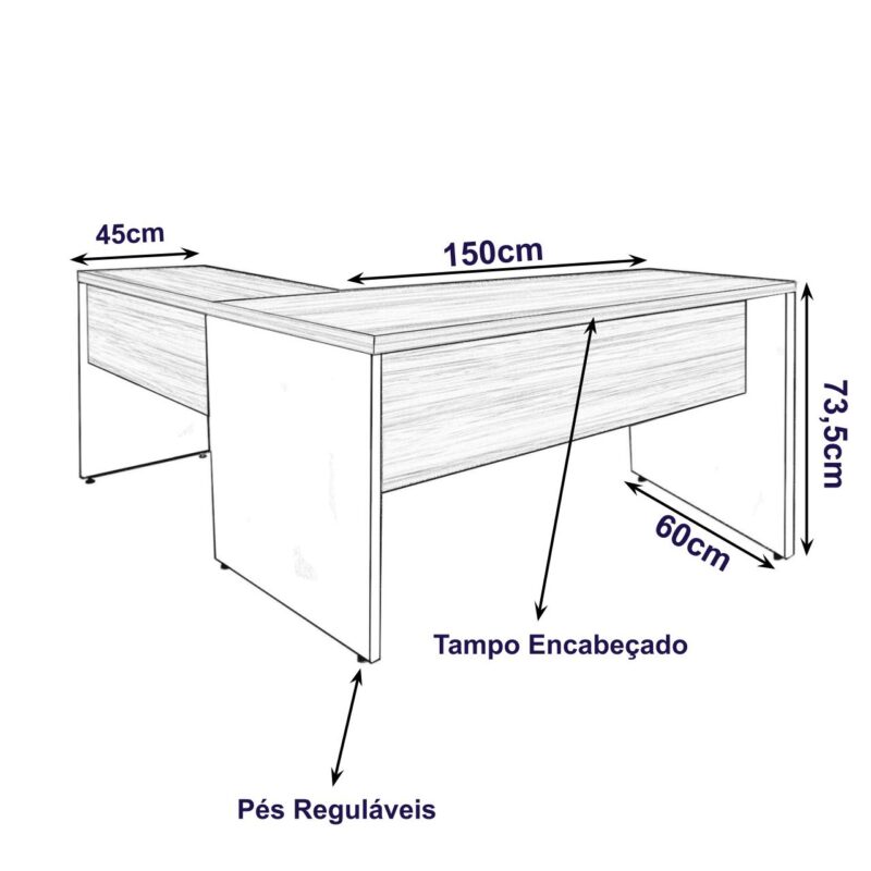 Mesa de Escritório em L (Mesa 1,50m + Mesa Auxiliar) – Sem Gavetas NOGAL SEVILHA/PRETO – 21476 MÓVEIS PRECITO Linha 40 mm 3