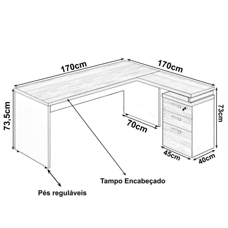 Mesa Escritório em “L” c/ Gaveteiro 1,70×1,60m NOGAL SEVILHA/PRETO – 21423 MÓVEIS PRECITO Linha 40 mm 4