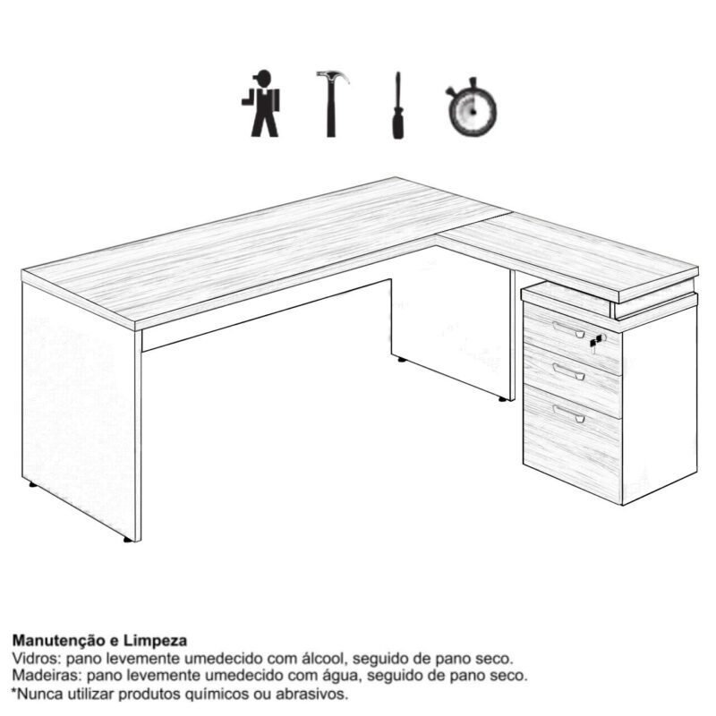 Mesa Escritório em “L” c/ Gaveteiro 1,70×1,60m NOGAL SEVILHA/PRETO – 21423 MÓVEIS PRECITO Linha 40 mm 8