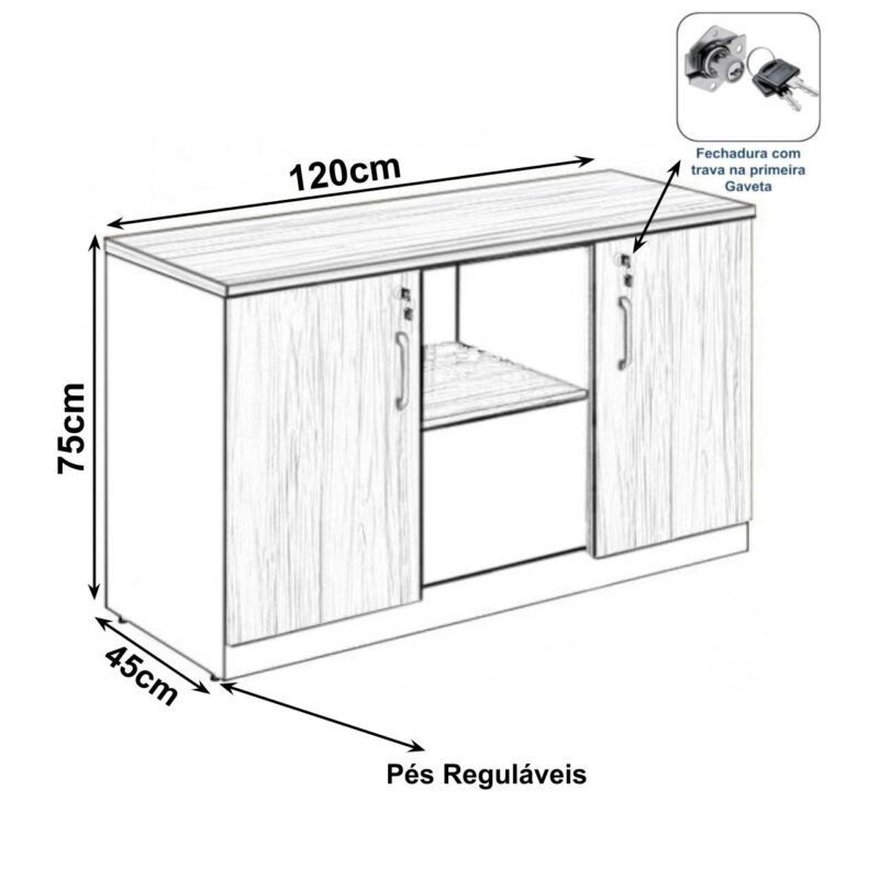 Armário Baixo Credenza – 1,20×0,74X0,45m NOGAL SEVILHA/PRETO – 21412 MÓVEIS PRECITO Linha 40 mm 3