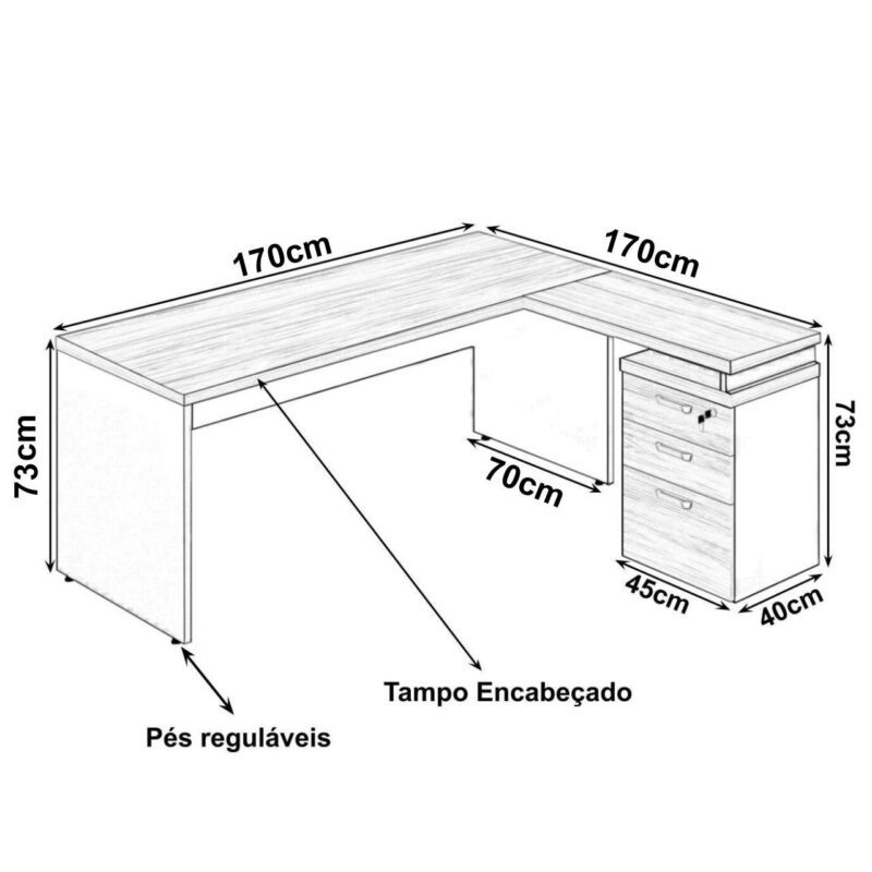 Mesa Escritório em “L” c/ Gaveteiro 1,70×1,60m Marsala/Preto – 23481 MÓVEIS PRECITO Linha 30 mm 3