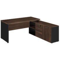 Mesa Escritório Diretorzinha c/ Aparador – Pé de MADEIRA – 1,90×1,60m MARSALA / PRETO / PRETO – 23487 MÓVEIS PRECITO Linha 30 mm