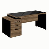 Mesa PEDESTAL RETA C/ VIDRO (03 Gav.) – 1,92X0,70m NOGAL SEVILHA/PRETO – 21399 MÓVEIS PRECITO Linha 40 mm