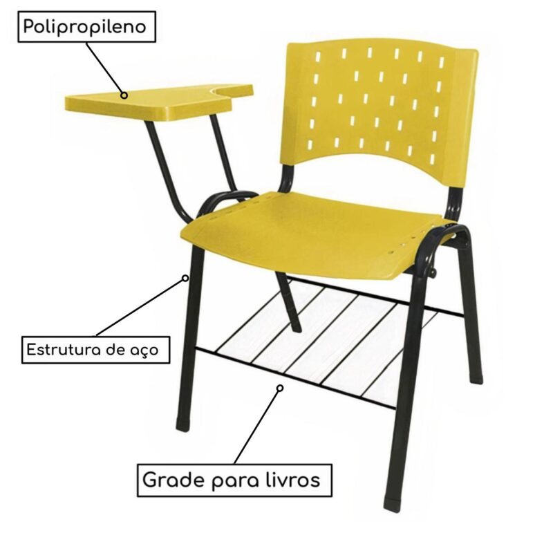 Cadeira Universitária PRANCHETA PLÁSTICA com Porta Livros – Cor Amarelo 32021 MÓVEIS PRECITO Carteira Escolar 3