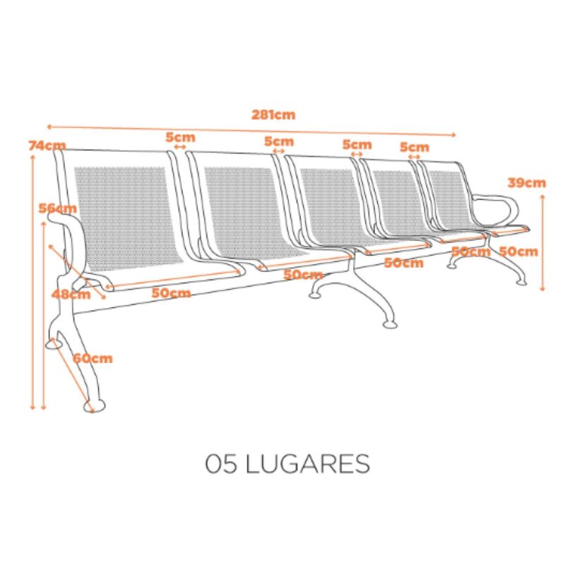 Longarina AEROPORTO com 05 Lugares – Cor Cromada – 33113 MÓVEIS PRECITO Longarinas 5