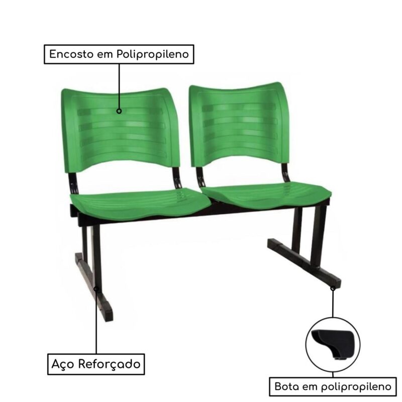 Cadeira Longarina PLÁSTICA 02 Lugares – Cor Verde – MRPLAST - 5066 - Imagem 2
